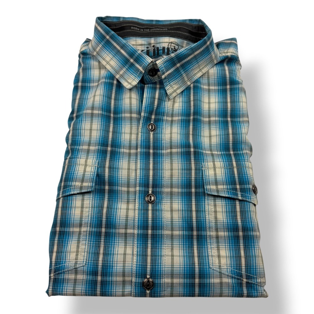 Kuhl Mens Large Blue Plaid Short Sleeve Button‎ Down Shirt Cotton Linen Blend